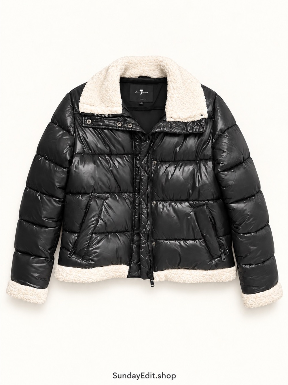 7 For All Mankind Black Puffer Jacket with Cream Faux-Shearling Trim | Size M